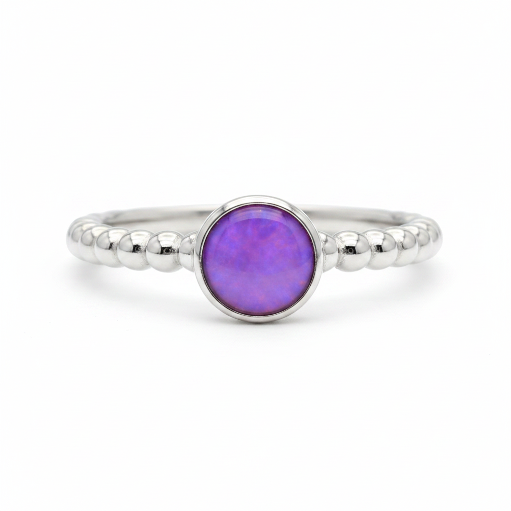 Round 5mm Bobble Shank 925 Silver Ring with lavender purple opal resin — pure white background