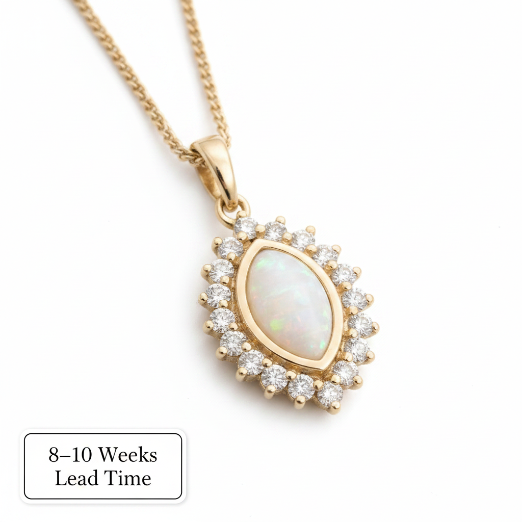 9ct Gold Princess Marquise CZ Halo Pendant — white pearl opal resin, white background