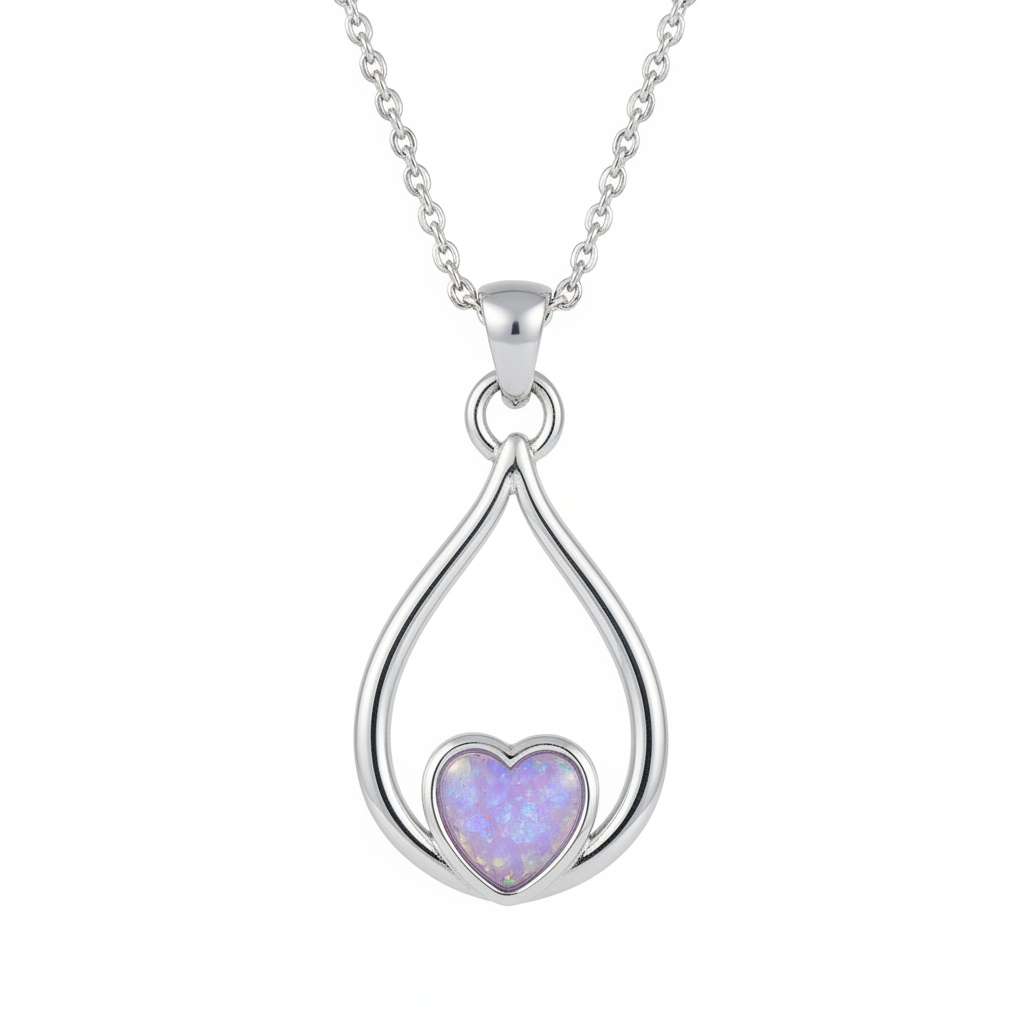 316L stainless steel eternal heart loop memorial pendant necklace with lavender purple opal resin in heart bezel on white background
