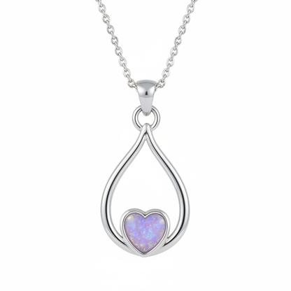 316L stainless steel eternal heart loop memorial pendant necklace with lavender purple opal resin in heart bezel on white background
