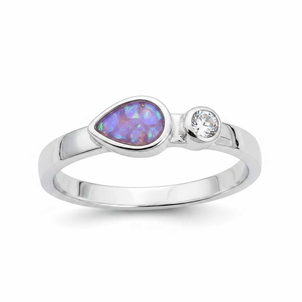 Teardrop single gem 925 silver ring with lavender purple opal resin in pear setting on white background