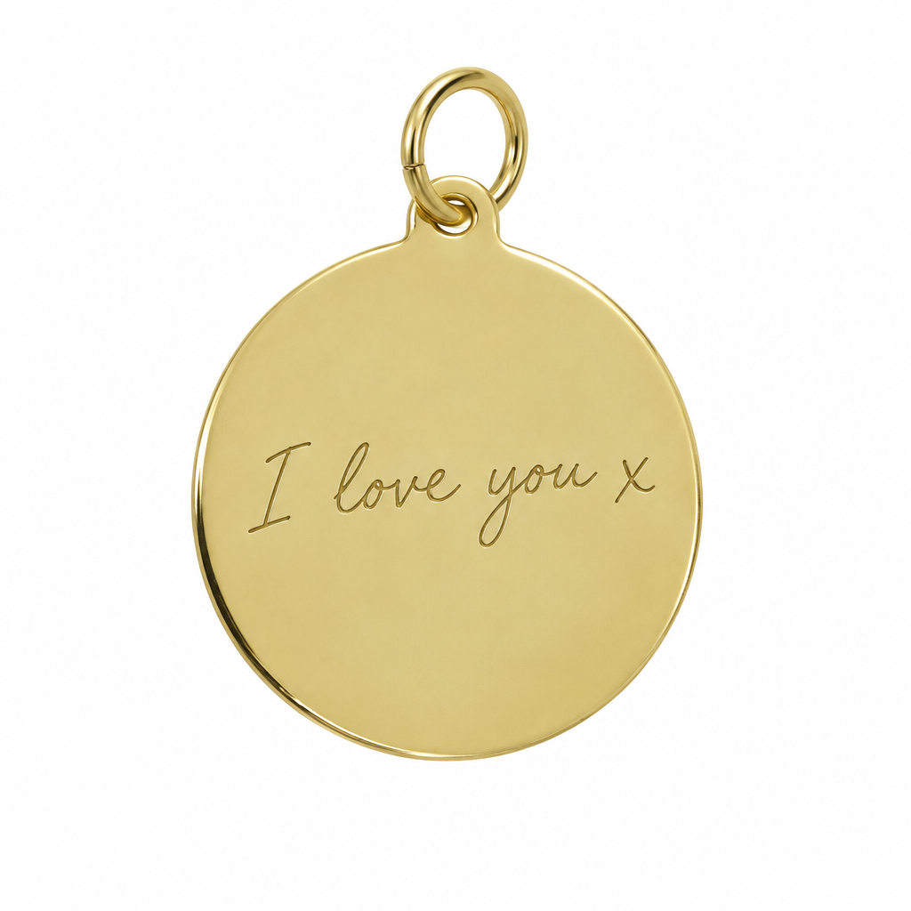Round plain 9ct yellow gold disc pendant with simple ring and illustrative handwritten engraving on white background