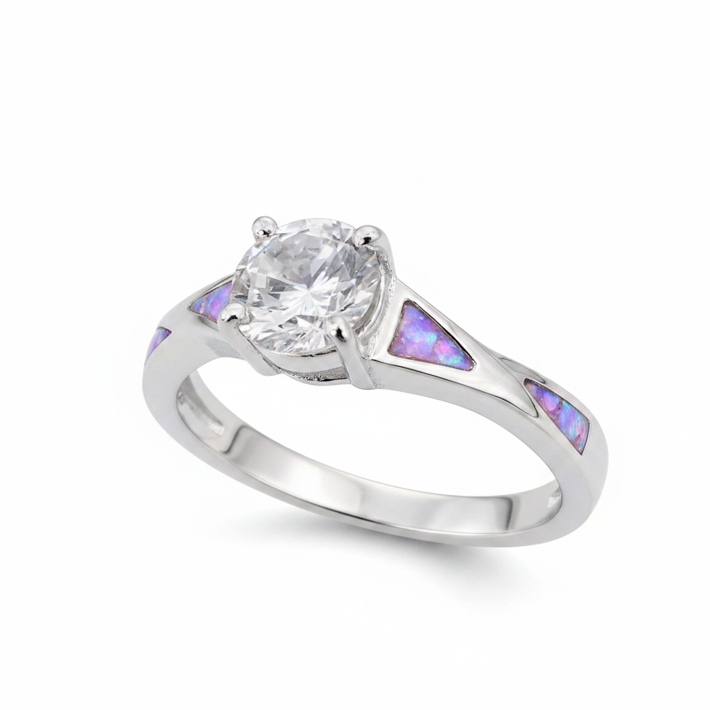 Twisted channel solitaire 925 silver ring with lavender purple opal resin in triangular shoulder channels on white background