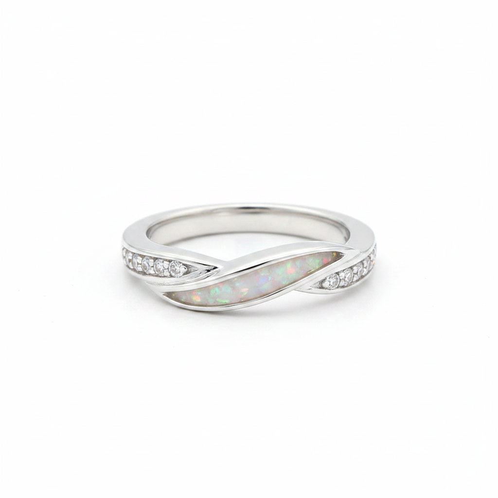 925 sterling silver single recess band memorial ring with white pearl opal flakes in channel recess