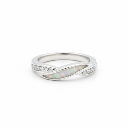 925 sterling silver single recess band memorial ring with white pearl opal flakes in channel recess