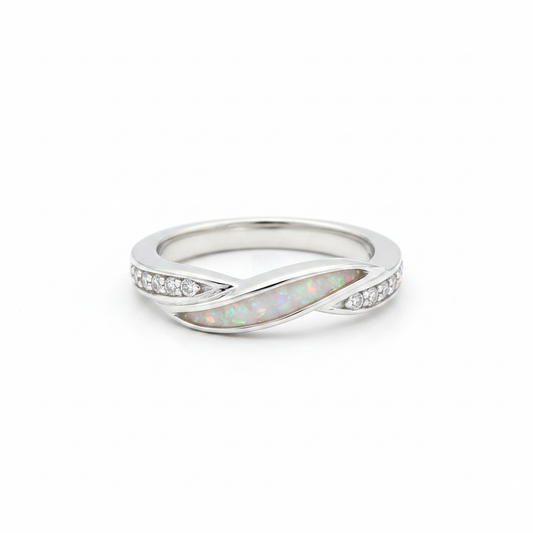 925 sterling silver single recess band memorial ring with white pearl opal flakes in channel recess