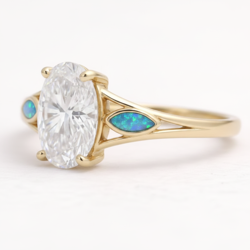 9ct Gold Oval Solitaire Statement CZ Ring — blue teal opal resin in marquise shoulder bezels