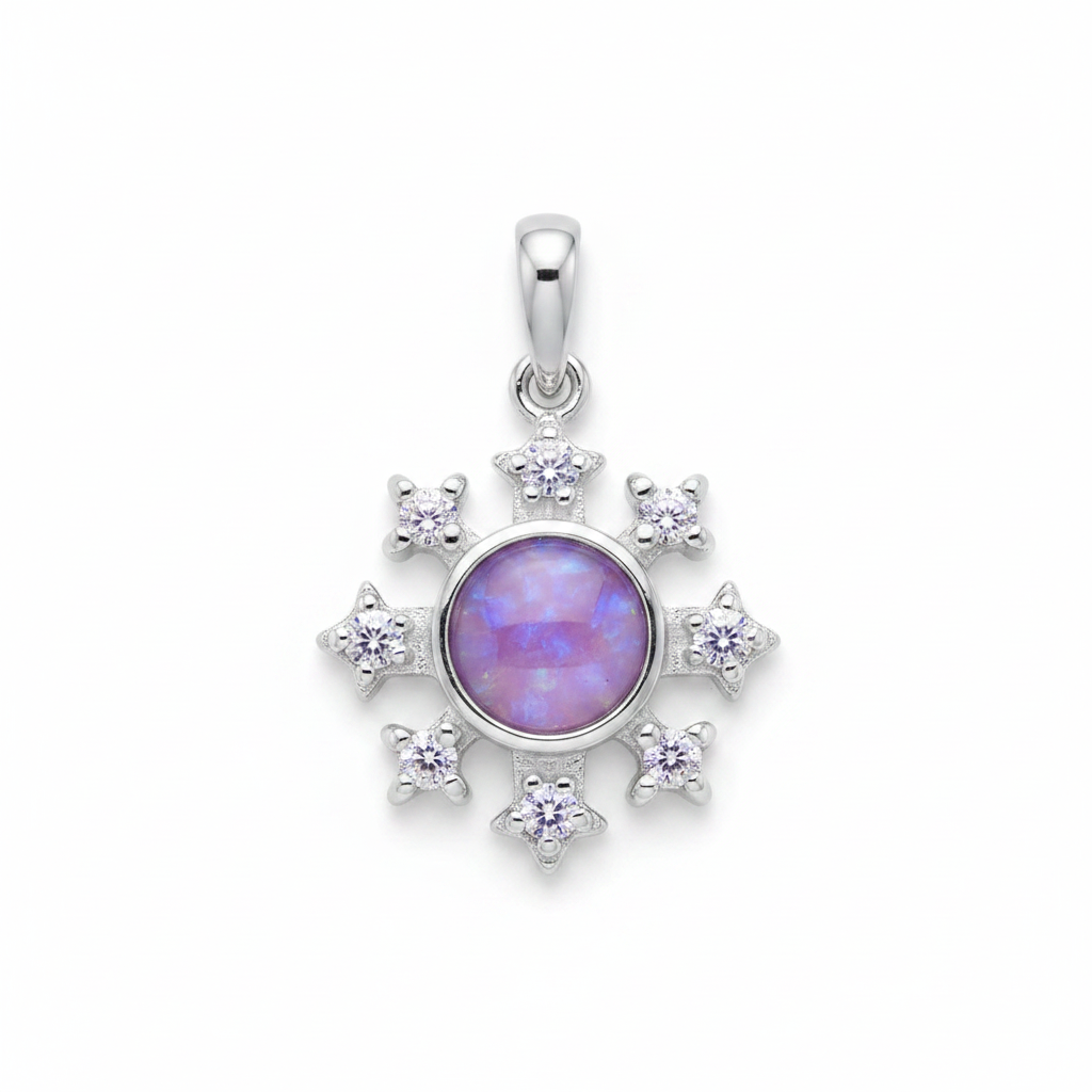Silver 925 snowflake CZ memorial pendant — lavender purple opal flakes resin in 5mm round centre setting, eight CZ star clusters in snowflake halo