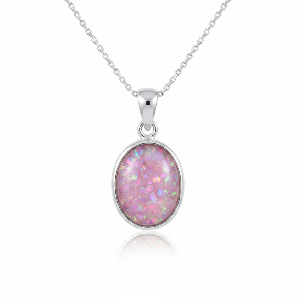 Silver 925 oval bezel memorial pendant with pink opal flakes, white background