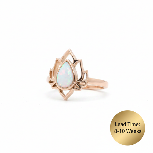 9ct rose gold lotus bezel memorial ring with white pearl opal resin, white background, lead time 8-10 weeks