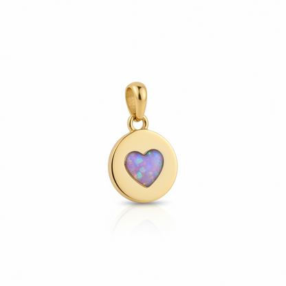 9ct gold heart disc memorial pendant with open heart cut-out filled with lavender iridescent opal resin