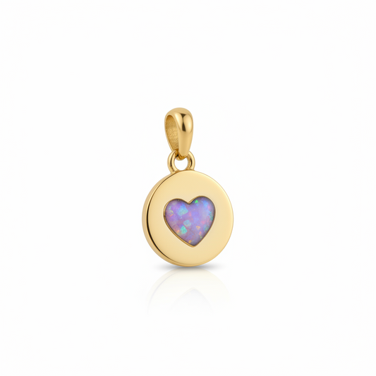9ct gold heart disc memorial pendant with open heart cut-out filled with lavender iridescent opal resin