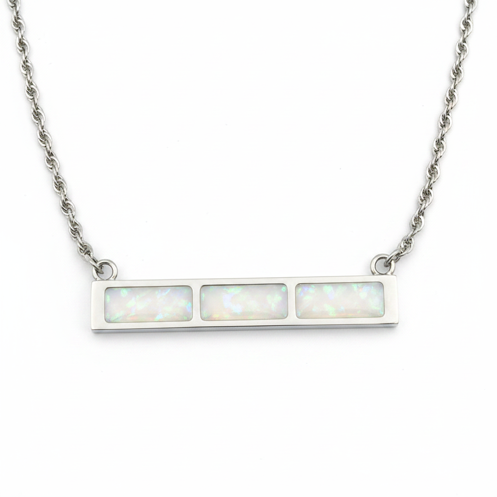 Rectangle trio bar memorial pendant necklace 316L stainless steel white pearl opal flakes