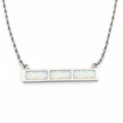 Rectangle trio bar memorial pendant necklace 316L stainless steel white pearl opal flakes