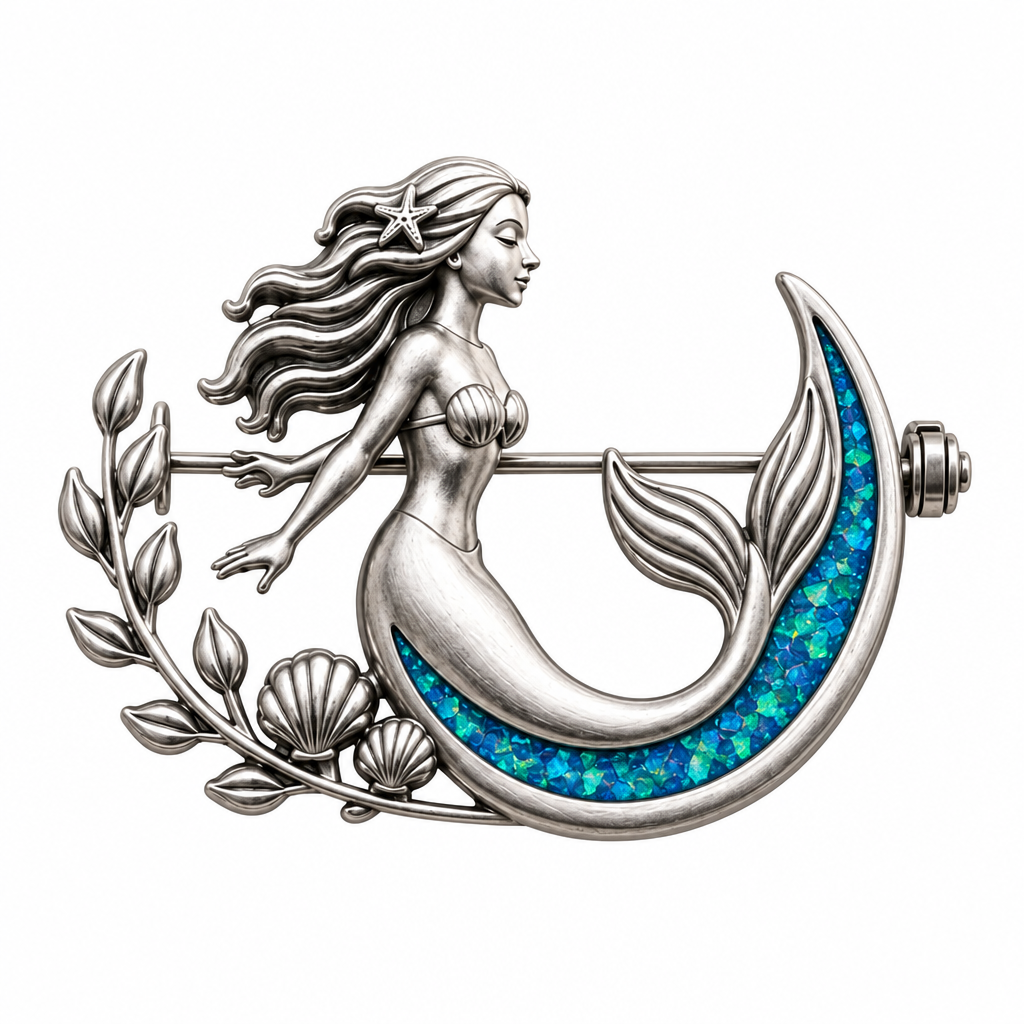 Model wearing the mermaid memorial brooch on a blazer lapel