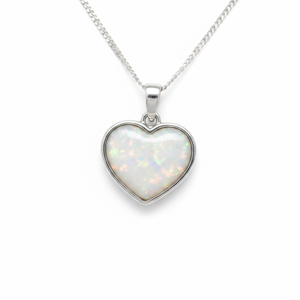 Simple Heart 925 Silver Memorial Pendant with white pearl opal resin inclusion — white background