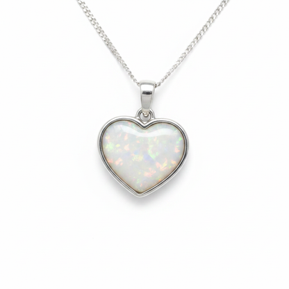Simple Heart 925 Silver Memorial Pendant with white pearl opal resin inclusion — white background
