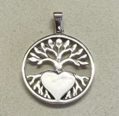 925 sterling silver tree of life pendant reverse side showing flat engravable back of heart bezel and 925 stamp on bail