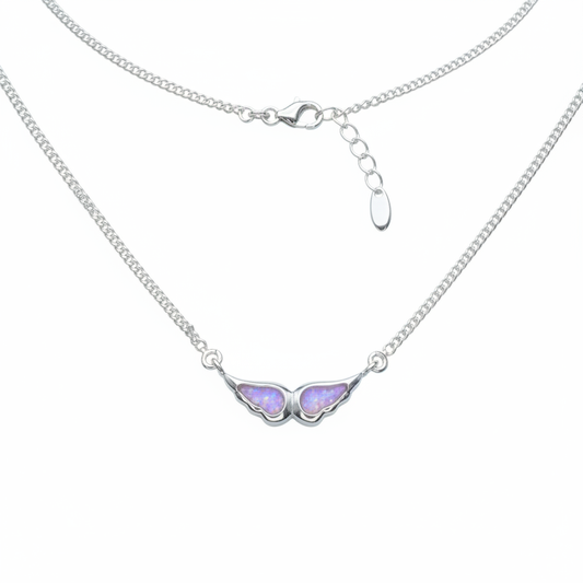 925 sterling silver angel wing memorial necklace with lavender purple opal resin in wing bezels on white background