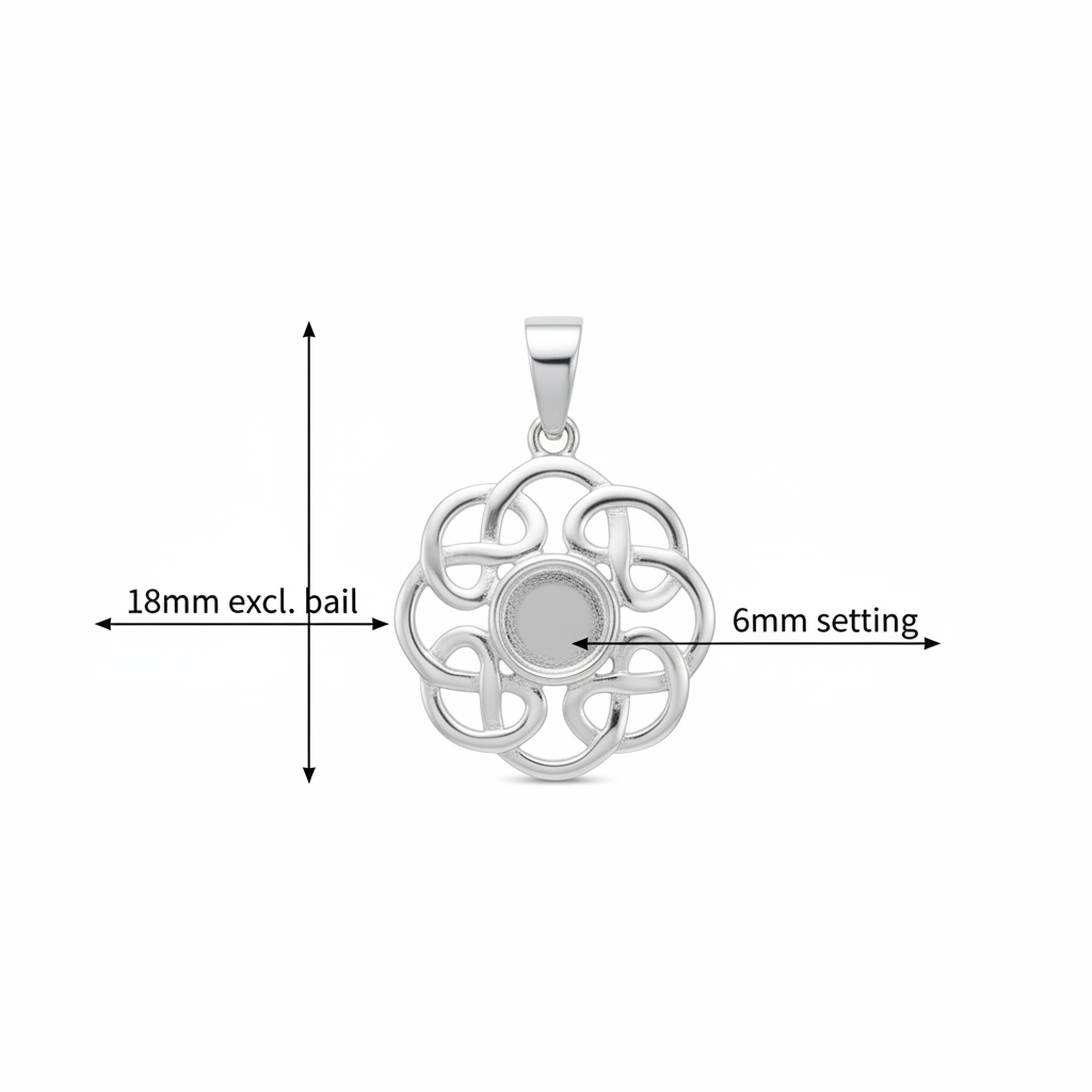 Silver 925 Celtic flower knot memorial pendant dimensions — 18mm excl. bail, 6mm round centre