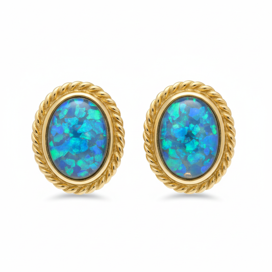 Gold rope edge oval stud earrings with blue opal flakes memorial resin