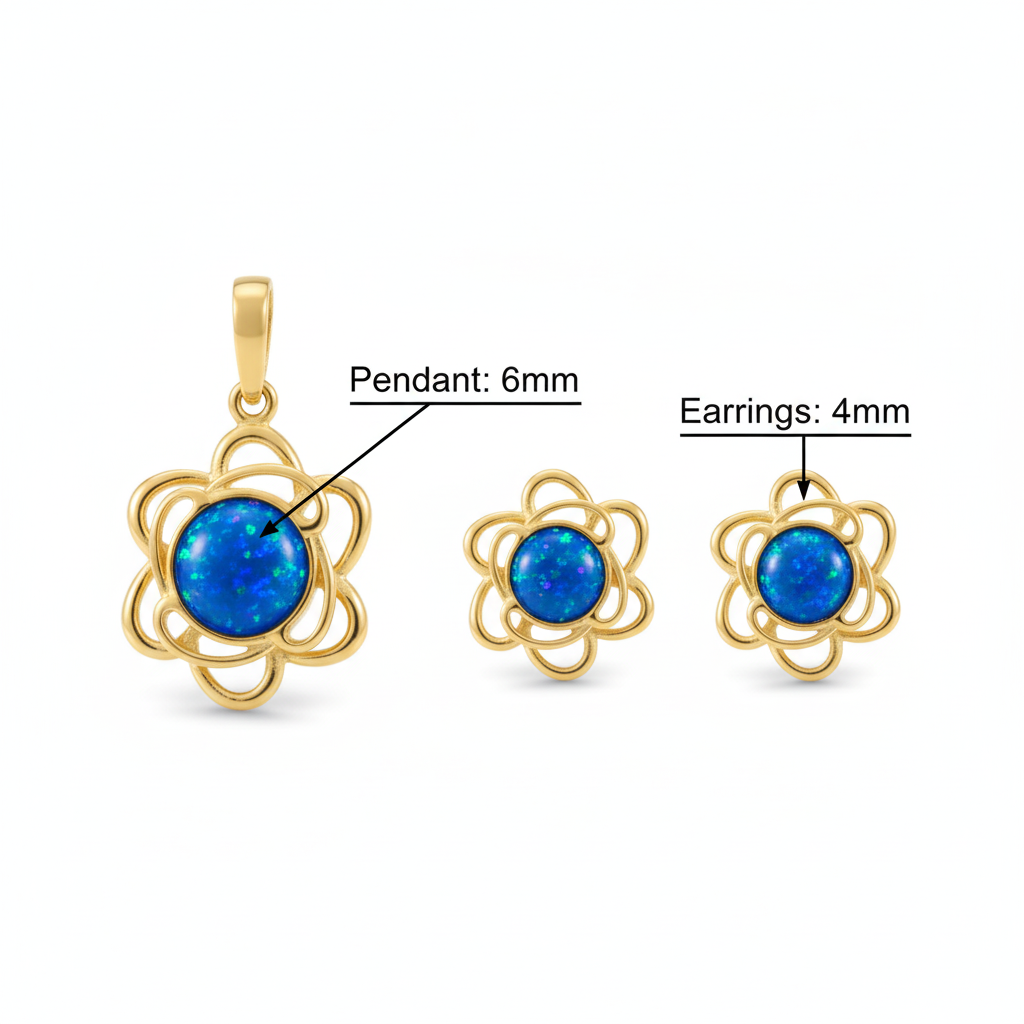 9ct gold open rose flower memorial set dimensions — Pendant: 6mm, Earrings: 4mm