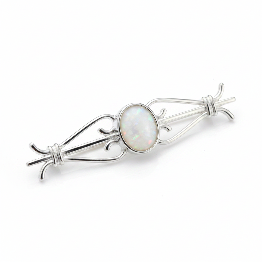 Silver 925 classic bar brooch with white pearl opal resin in 8x6mm central setting on white background