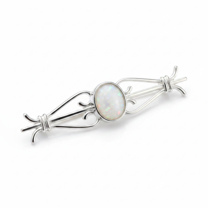 Silver 925 classic bar brooch with white pearl opal resin in 8x6mm central setting on white background