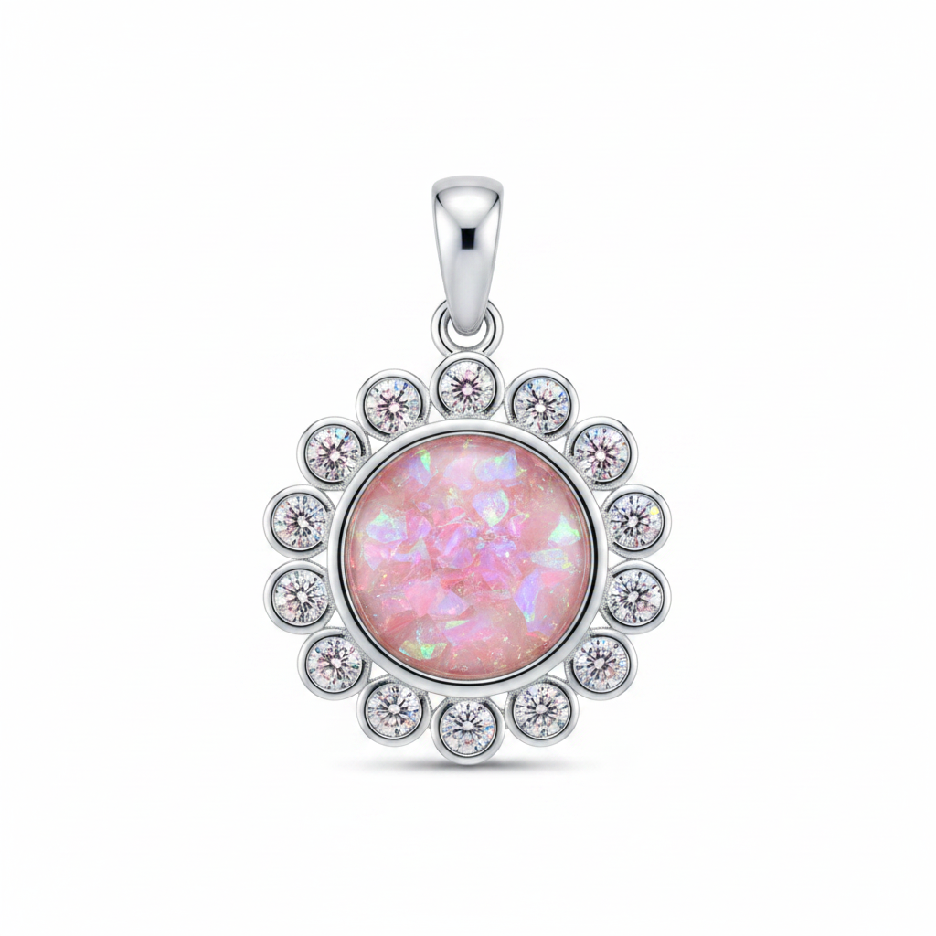 Silver 925 halo CZ memorial pendant with pink opal flakes, white background