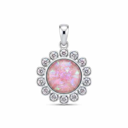 Silver 925 halo CZ memorial pendant with pink opal flakes, white background