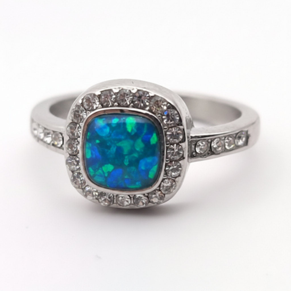 6mm CZ cushion halo stainless steel memorial ring with blue teal opal flakes resin inclusion on white background