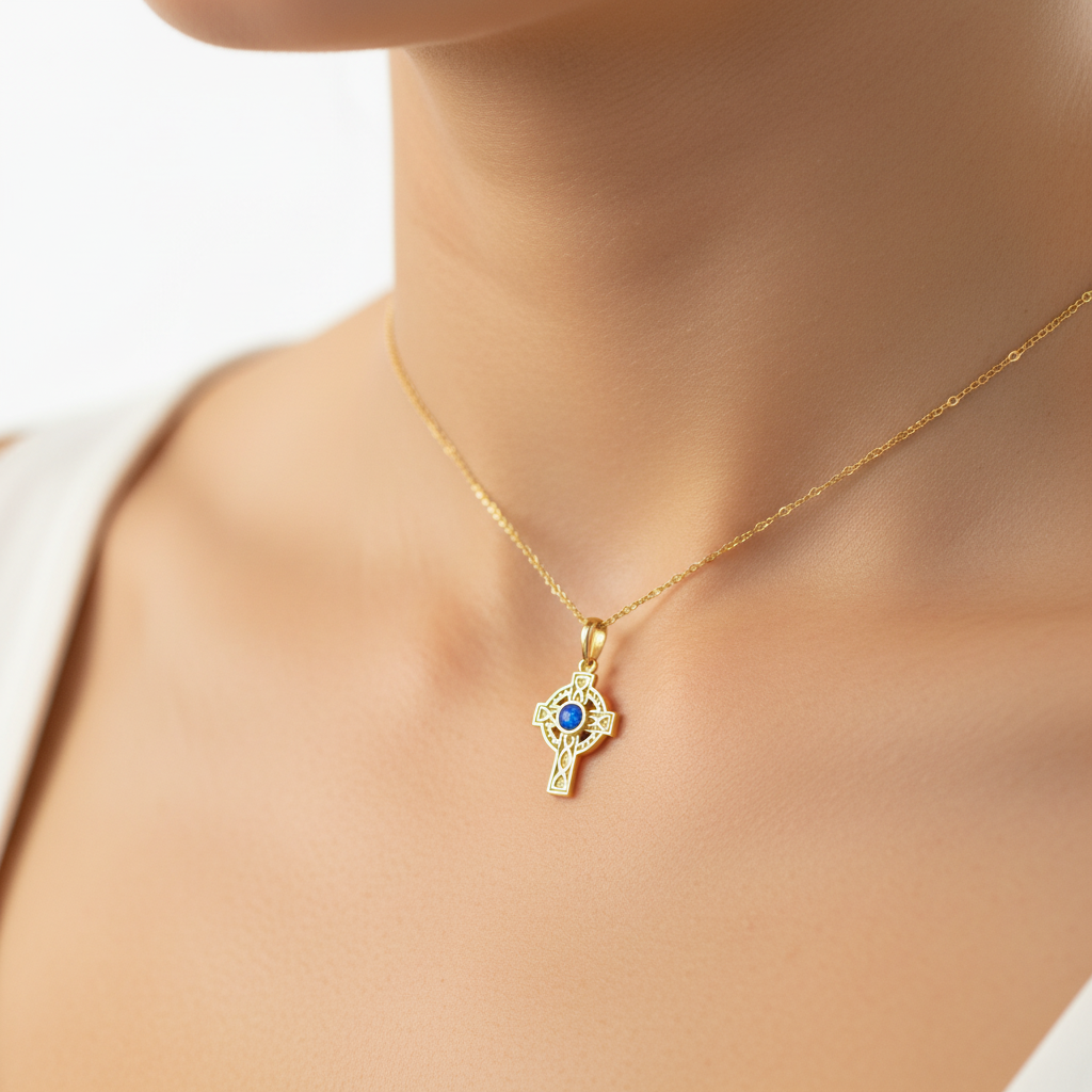 Model wearing 9ct gold Celtic cross memorial pendant showing true dainty scale on collarbone
