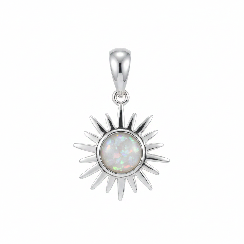 Silver 925 sun memorial pendant with white opal and mica, white background