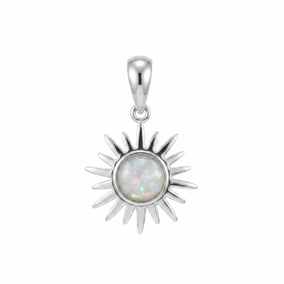 Silver 925 sun memorial pendant with white opal and mica, white background