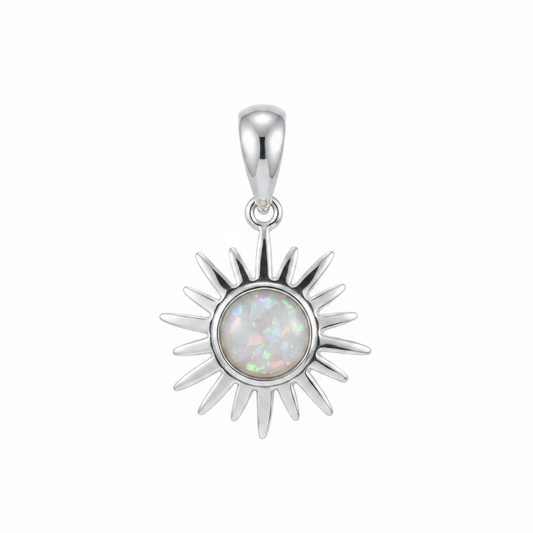 Silver 925 sun memorial pendant with white opal and mica, white background