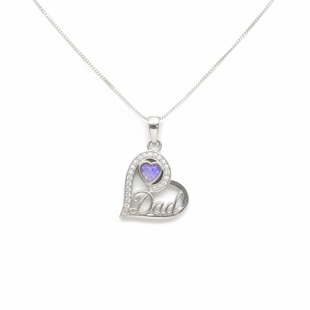 925 sterling silver Dad heart memorial pendant necklace with lavender purple opal resin in heart bezel on white background