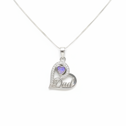 925 sterling silver Dad heart memorial pendant necklace with lavender purple opal resin in heart bezel on white background