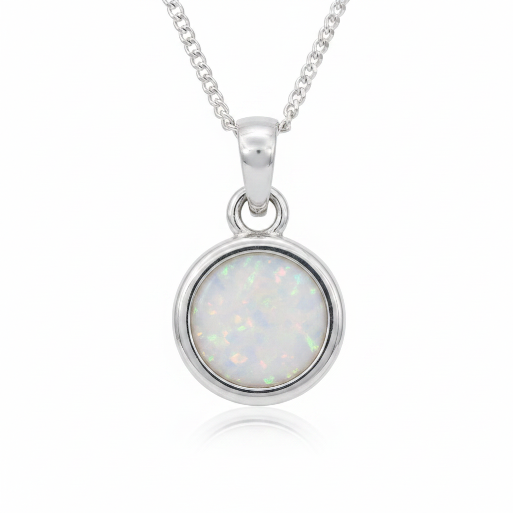 Thick Trim 12mm Round 925 Silver Memorial Pendant with white pearl opal resin — white background