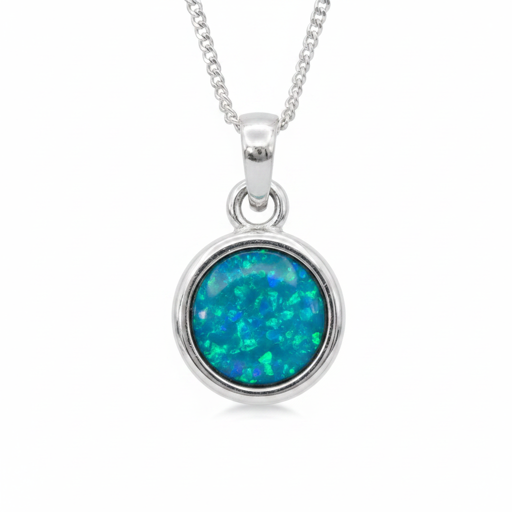 Thick Trim 12mm Round 925 Silver Memorial Pendant with blue teal opal resin — white background