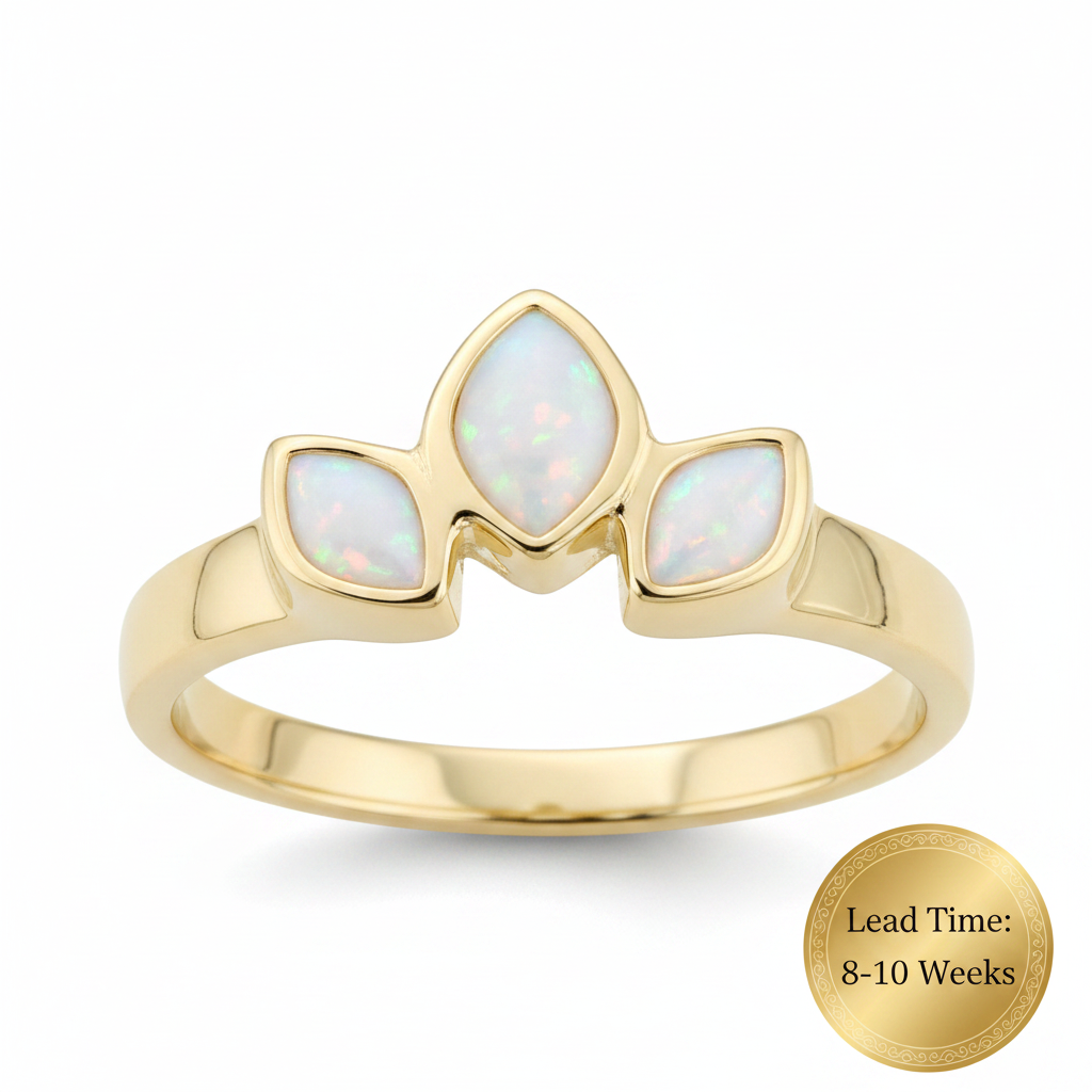 9ct gold triple leaf marquise ring with white pearl opal resin, white background, lead time 8-10 weeks sticker