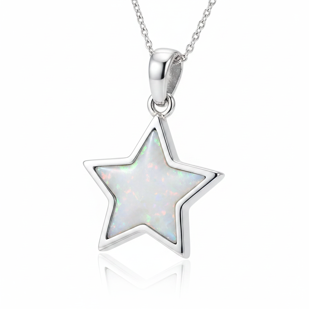 Star 925 silver pendant with white pearl opal resin interior, white background