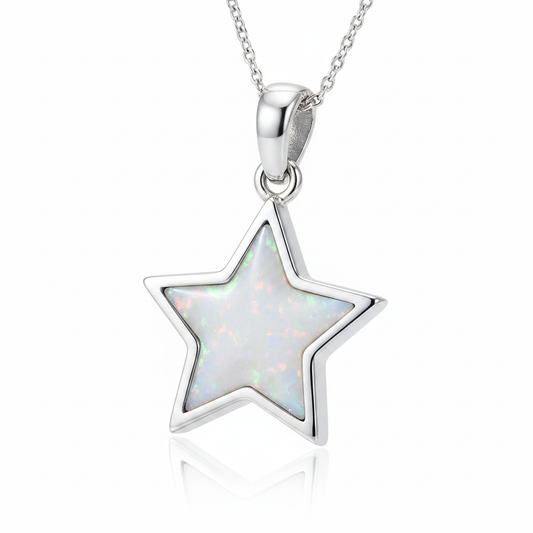 Star 925 silver pendant with white pearl opal resin interior, white background