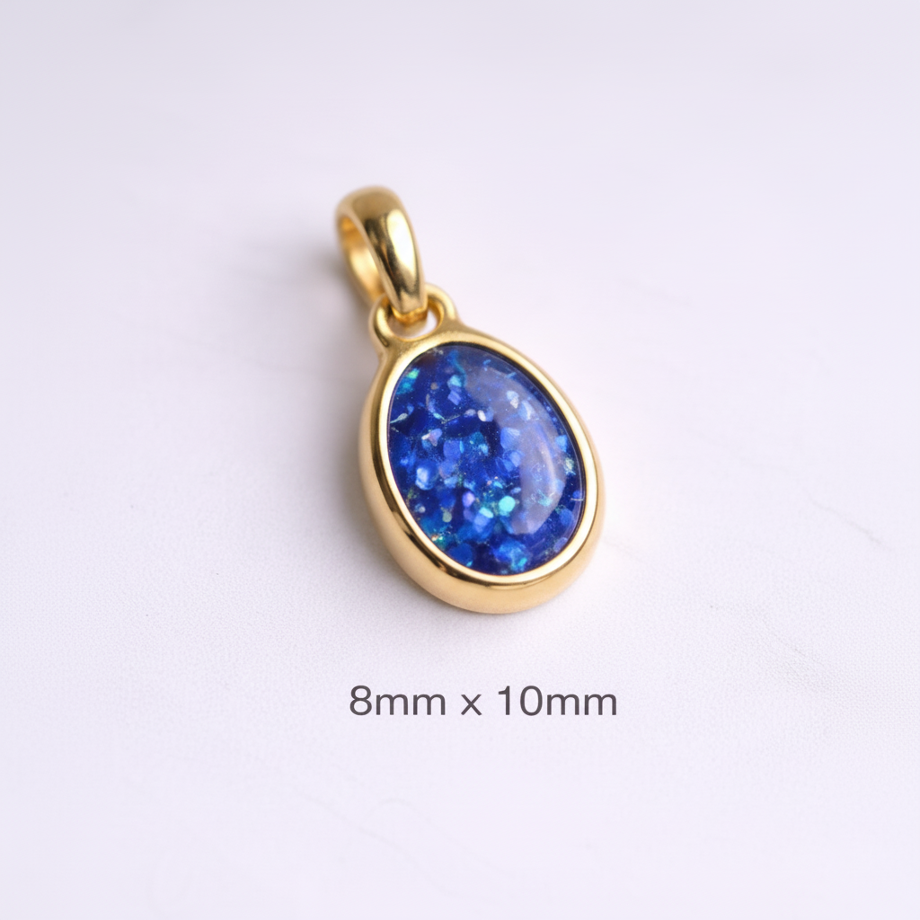 Gold pendant with a blue druzy stone on a light purple background