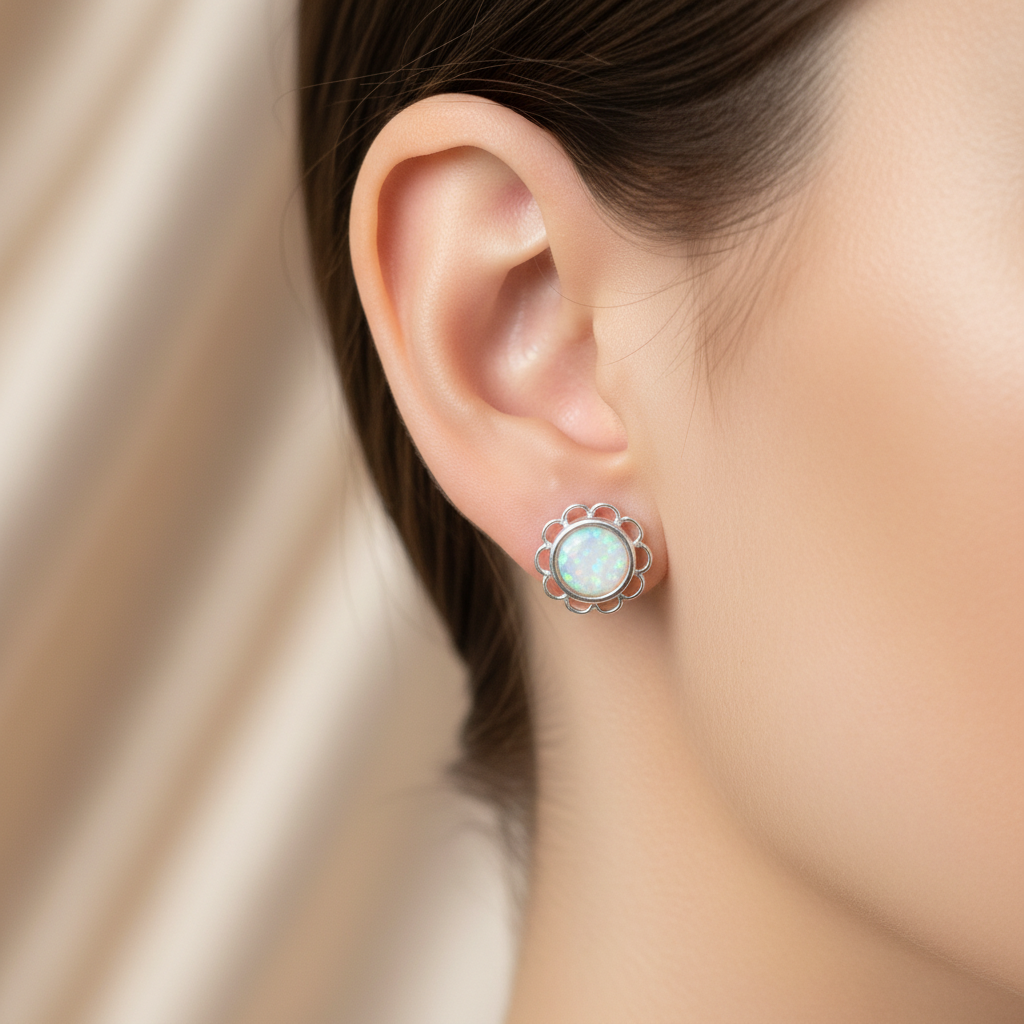 Silver 925 frill edge stud earrings worn on model ear — true dainty scale lifestyle shot