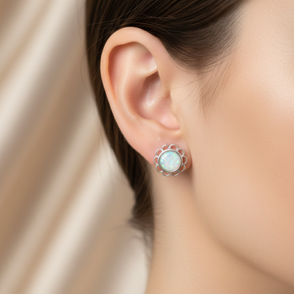 Silver 925 frill edge stud earrings worn on model ear — true dainty scale lifestyle shot