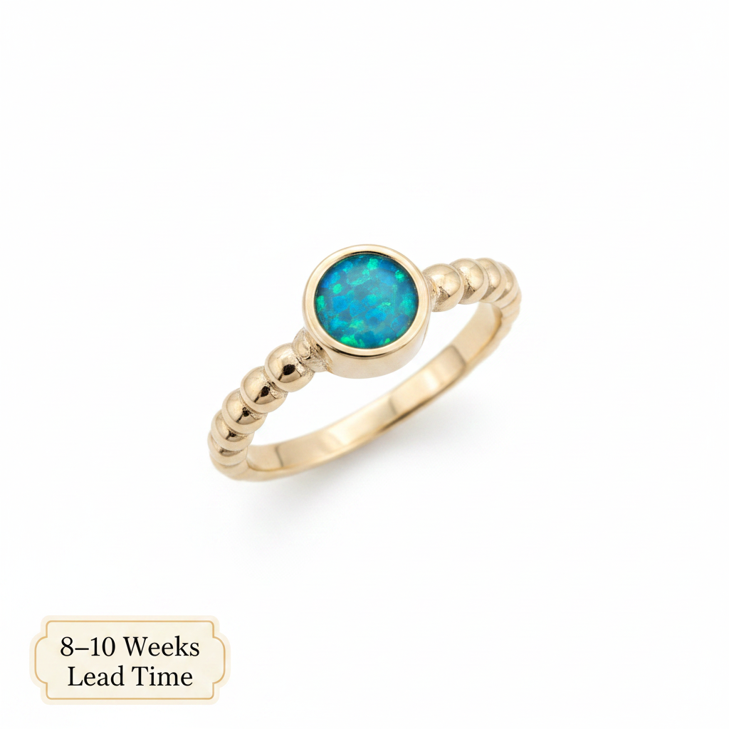 9ct Gold Round Bobble Ring — blue teal opal resin in centre bezel, white background