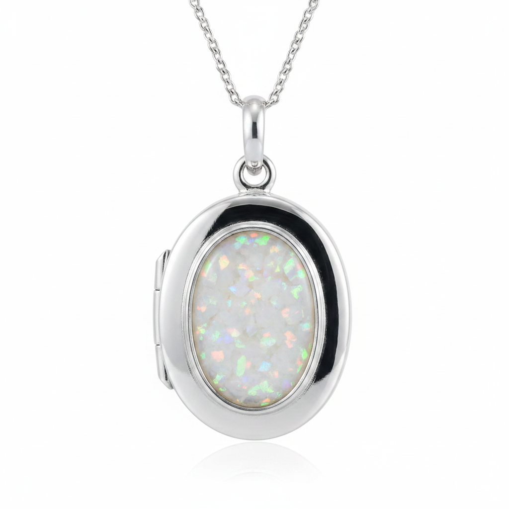 Silver 925 oval locket with white pearl opal resin in 14x10mm setting on white background