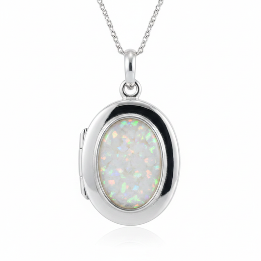 Silver 925 oval locket with white pearl opal resin in 14x10mm setting on white background