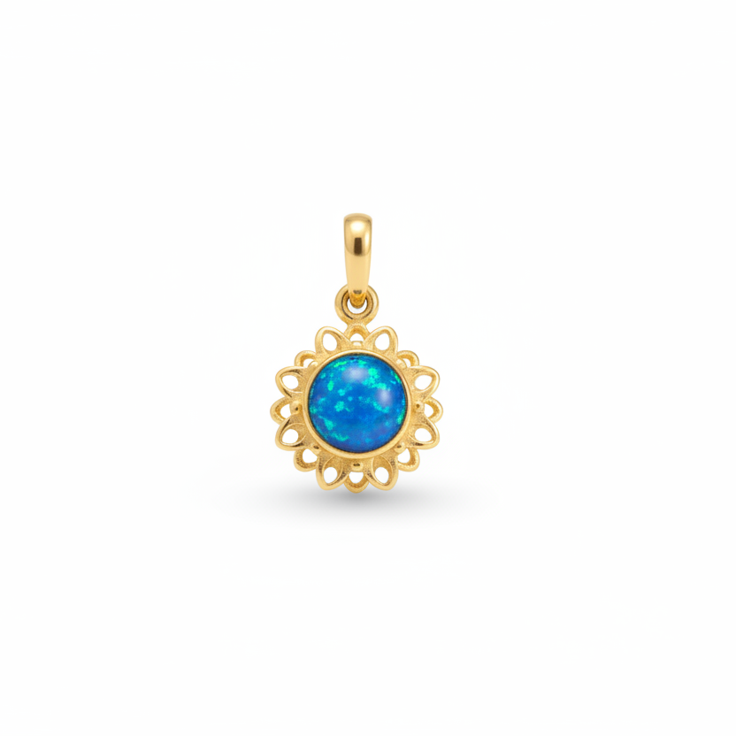 9ct gold dainty flower memorial pendant with deep blue iridescent opal flakes