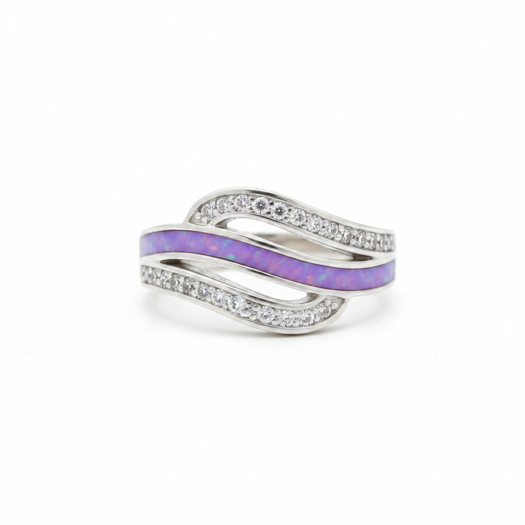 Crystal triple wave 925 silver ring — lavender purple opal resin middle band, white background